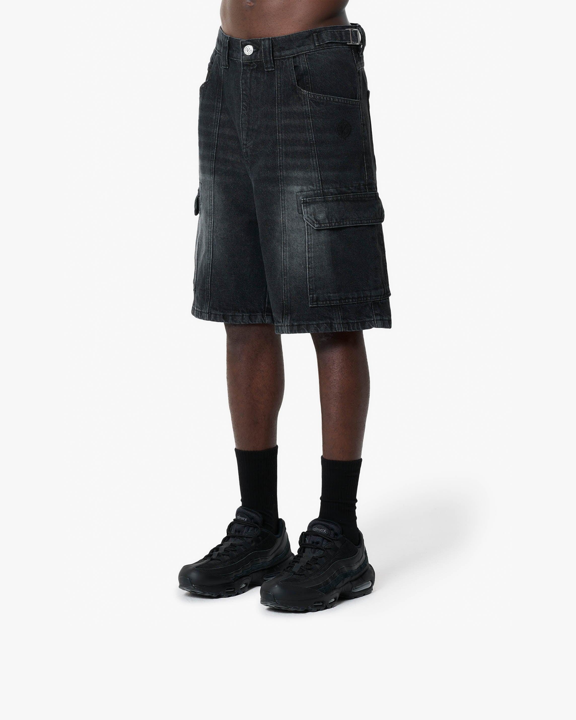 WASHED BLACK DENIM CARGO JORTS - Image 3