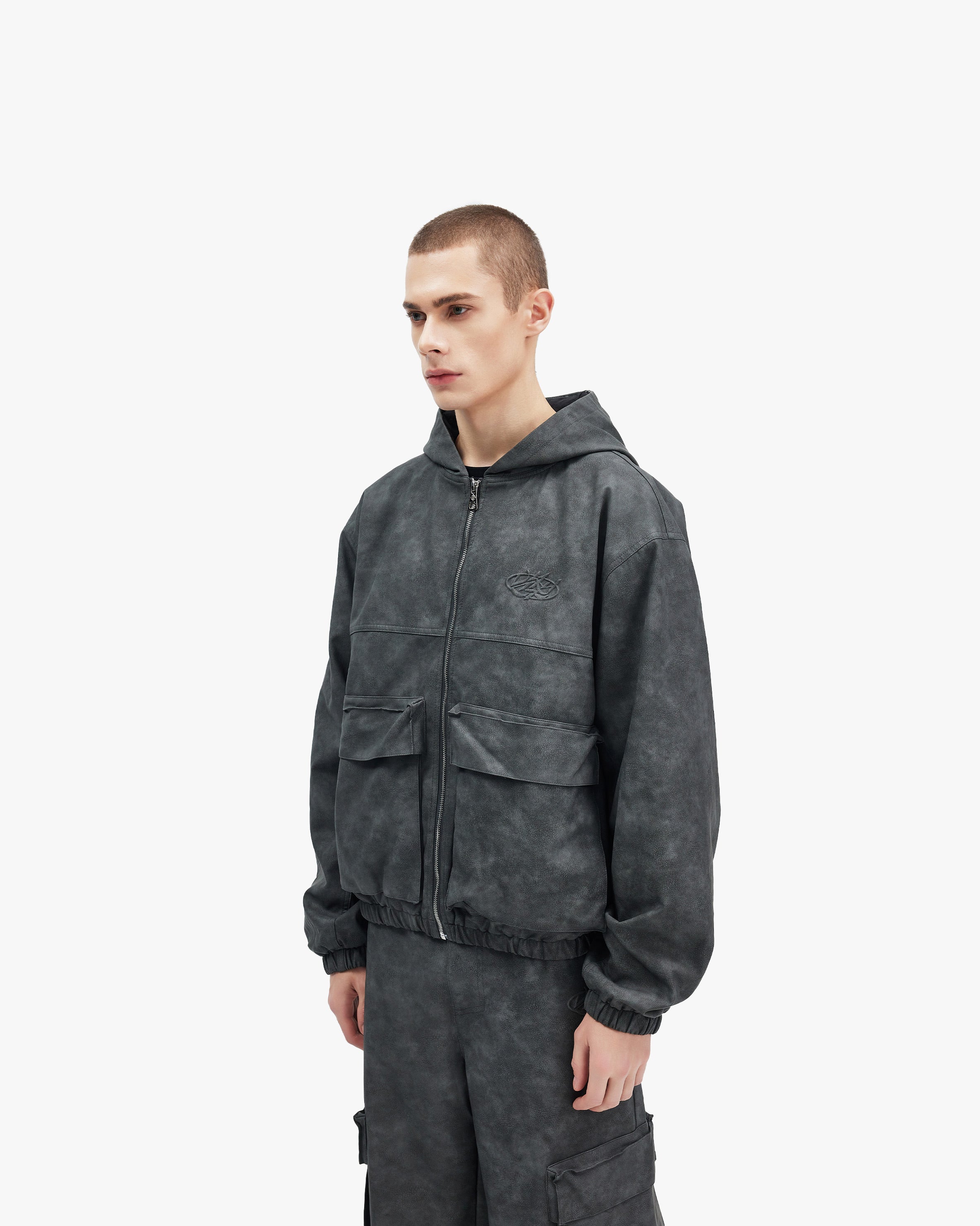 SCRIPT LOGO LEATHER JACKET GREY - Image 4