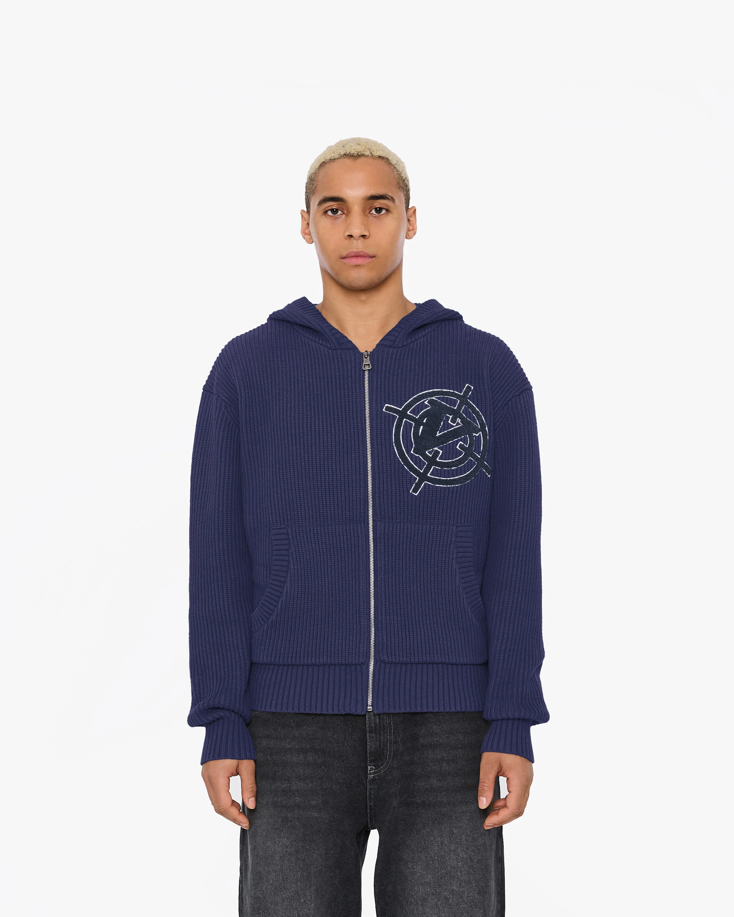 V-LOGO KNIT ZIP HOODIE NAVY - Image 3